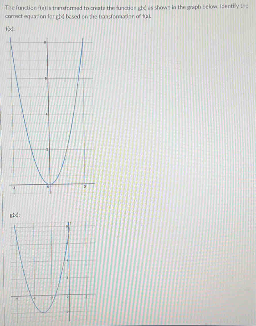 The function f(x) is transformed to create the function g(x) as shown in the graph below. Identify the
correct equation for g(x) based on the transformation of f(x).
f(x):