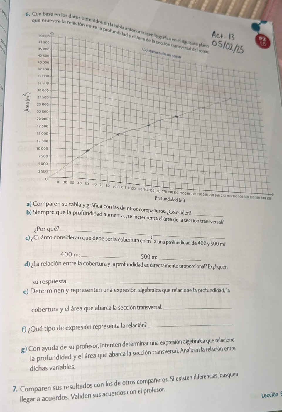 Con base en los datos obtenidos en la tab 
que muestre la relación entre la profundidad y el área de la sección transversal del sona 
m) 
a) Comparen su tabla y gráfica con las de otros compañeros. ¿Coinciden? 
b) Siempre que la profundidad aumenta, ¿se incrementa el área de la sección transversal? 
¿Por qué?_ 
c) ¿Cuánto consideran que debe ser la cobertura en m² a una profundidad de 400 y 500 m?
400 m : _ 500 m :_ 
d) ¿La relación entre la cobertura y la profundidad es directamente proporcional? Expliquen 
su respuesta._ 
e) Determinen y representen una expresión algebraica que relacione la profundidad, la 
cobertura y el área que abarca la sección transversal._ 
f) ¿Qué tipo de expresión representa la relación?_ 
g) Con ayuda de su profesor, intenten determinar una expresión algebraica que relacione 
la profundidad y el área que abarca la sección transversal. Analicen la relación entre 
dichas variables. 
7. Comparen sus resultados con los de otros compañeros. Si existen diferencias, busquen 
Lección6 
llegar a acuerdos. Validen sus acuerdos con el profesor.