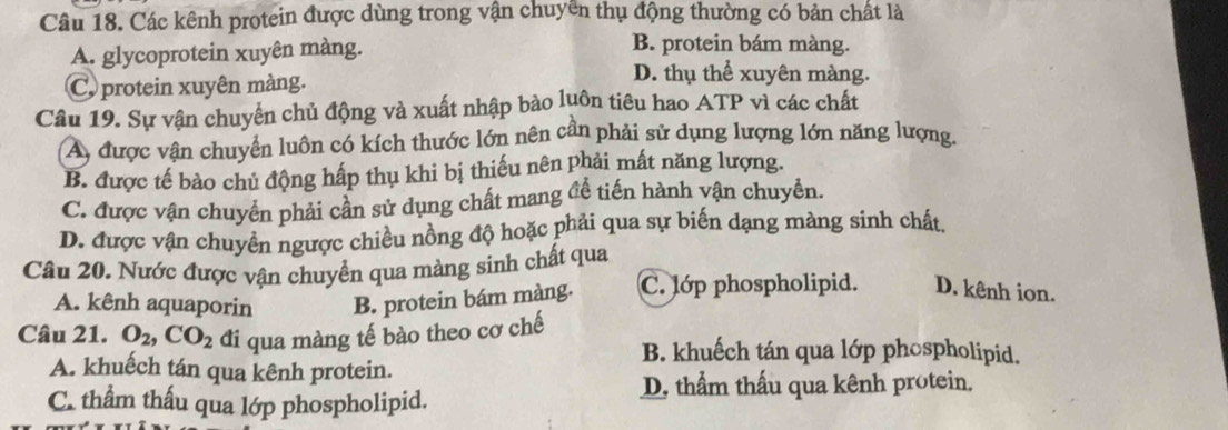 Các kênh protein được dùng trong vận chuyên thụ động thường có bản chất là
A. glycoprotein xuyên màng.
B. protein bám màng.
C protein xuyên màng.
D. thụ thể xuyên màng.
Câu 19. Sự vận chuyển chủ động và xuất nhập bào luôn tiêu hao ATP vì các chất
Ay được vận chuyển luôn có kích thước lớn nên cần phải sử dụng lượng lớn năng lượng.
B. được tế bào chủ động hấp thụ khi bị thiếu nên phải mất năng lượng.
C. được vận chuyển phải cần sử dụng chất mang để tiến hành vận chuyển.
D. được vận chuyển ngược chiều nồng độ hoặc phải qua sự biến dạng màng sinh chất
Câu 20. Nước được vận chuyển qua màng sinh chất qua
A. kênh aquaporin B. protein bám màng. C. lớp phospholipid. D. kênh ion.
Câu 21. O_2, CO_2 đi qua màng tế bào theo cơ chế
B. khuếch tán qua lớp phospholipid.
A. khuếch tán qua kênh protein.
C. thẩm thấu qua lớp phospholipid. D, thẩm thấu qua kênh protein.