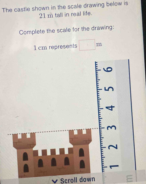 Solved: The castle shown in the scale drawing below is 21 m tall in ...