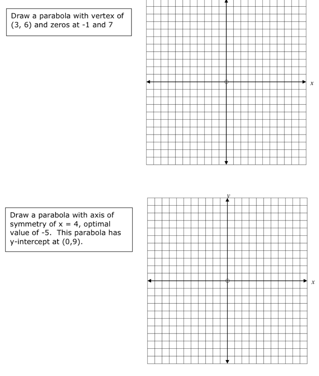 Draw a parabola with vertex of
(3,6) and zeros at -1 and 7
x
Draw a parabola with axis of 
symmetry of x=4 , optimal 
value of -5. This parabola has 
y-intercept at (0,9).
x