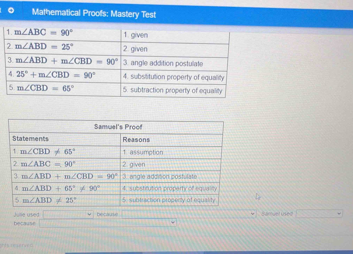 Mathematical Proofs: Mastery Test
Julie used because Samuel used
because
hts reserved