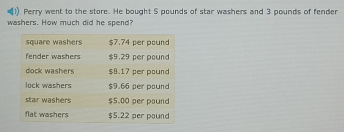 Perry went to the store. He bought 5 pounds of star washers and 3 pounds of fender 
washers. How much did he spend?