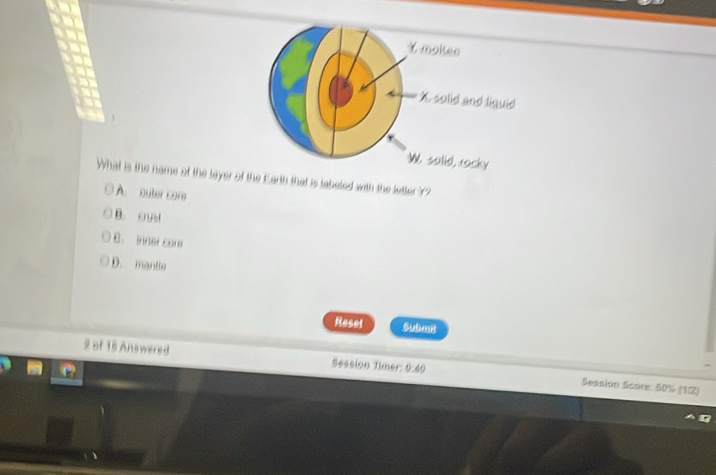 What is the name of the layer of the Earth that is tabeled with the letter Y?
À outer coro
B. CHl
C. innel core
D. manBe
Reset Submit
2 of 15 Answered Sesaion Timer: 9:49 Session Score: 50% (1/2)