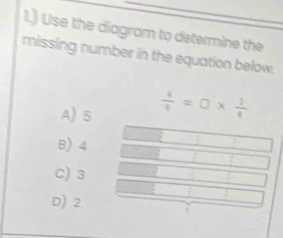 1.) Use the diagram to determine the
missing number in the equation below.
A) 5
 4/4 =0*  1/4 
B) 4
C) 3 a
D) 2