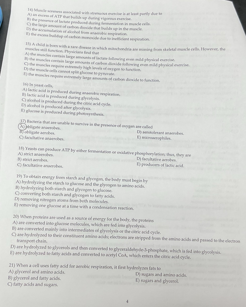 Muscle soreness associated with strenuous exercise is at least partly due to
A) an excess of ATP that builds up during vigorous exercise.
B) the presence of lactate produced during fermentation in muscle cells.
C) the large amount of carbon dioxide that builds up in the muscle.
D) the accumulation of alcohol from anaerobic respiration.
E) the excess buildup of carbon monoxide due to inefficient respiration.
15) A child is born with a rare disease in which mitochondria are missing from skeletal muscle cells. However, the
muscles still function. Physicians find that
A) the muscles contain large amounts of lactate following even mild physical exercise.
B) the muscles contain large amounts of carbon dioxide following even mild physical exercise.
C) the muscles require extremely high levels of oxygen to function.
D) the muscle cells cannot split glucose to pyruvate.
E) the muscles require extremely large amounts of carbon dioxide to function.
16) In yeast cells,
A) lactic acid is produced during anaerobic respiration.
B) lactic acid is produced during glycolysis.
C) alcohol is produced during the citric acid cycle.
D) alcohol is produced after glycolysis.
E) glucose is produced during photosynthesis.
17) Bacteria that are unable to survive in the presence of oxygen are called
A) obligate anaerobes. D) aerotolerant anaerobes.
B) obligate aerobes. E) microaerophiles.
C) facultative anaerobes.
18) Yeasts can produce ATP by either fermentation or oxidative phosphorylation; thus, they are
A) strict anaerobes. D) facultative aerobes.
B) strict aerobes. E) producers of lactic acid.
C) facultative anaerobes.
19) To obtain energy from starch and glycogen, the body must begin by
A) hydrolyzing the starch to glucose and the glycogen to amino acids.
B) hydrolyzing both starch and glycogen to glucose.
C) converting both starch and glycogen to fatty acids.
D) removing nitrogen atoms from both molecules.
E) removing one glucose at a time with a condensation reaction.
20) When proteins are used as a source of energy for the body, the proteins
A) are converted into glucose molecules, which are fed into glycolysis.
B) are converted mainly into intermediates of glycolysis or the citric acid cycle.
C) are hydrolyzed to their constituent amino acids; electrons are stripped from the amino acids and passed to the electron
transport chain.
D) are hydrolyzed to glycerols and then converted to glyceraldehyde-3-phosphate, which is fed into glycolysis.
E) are hydrolyzed to fatty acids and converted to acetyl CoA, which enters the citric acid cycle.
21) When a cell uses fatty acid for aerobic respiration, it first hydrolyzes fats to
A) glycerol and amino acids. D) sugars and amino acids.
B) glycerol and fatty acids. E) sugars and glycerol.
C) fatty acids and sugars.
4