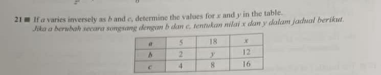 21 ■ If avaries inversely as b and c, determine the values for x and y in the table. 
Jika a berubah secara songsang dengan b dan c, tentukan nilai x dan y dalam jadual berikut.