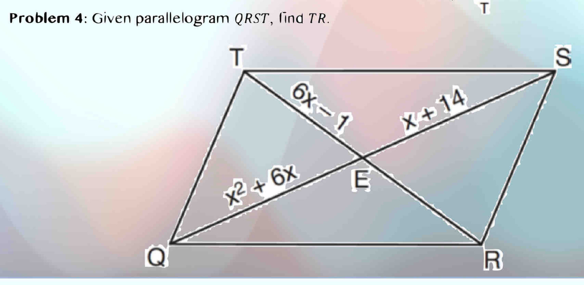 Problem 4: Given parallelogram QRST, find TR.