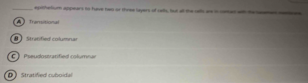 epithelium appears to have two or three layers of cells, but all the cells are in contart with the saeent awele we
A Transitional
BStratified columnar
C Pseudostratified columnar
D Stratified cuboidal