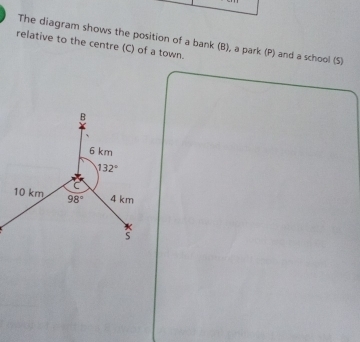 relative to the centre (C) of a town. The diagram shows the position of a bank (B), a park (P) and a school (S) 
B
6 km
132°
10 km 98° 4 km
s