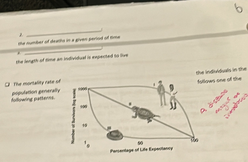 5 
2. 
the number of deaths in a given period of time 
. 
_ 
the length of time an individual is expected to live 
the individuals in the 
1 The mortality rate of 
population generallyows one of the 
a 
following patterns.