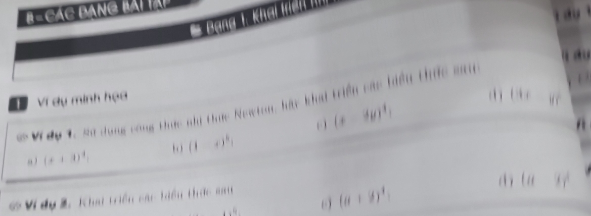 = CáC BANG BAi TAP 
a 
* Bang 
lā ch u 
D 
Ví dụ minh họa . (i)c=□°
V du 1. Sự dụng công thức nhị thức Newton, lựy khai triển các hiểu thức mh 
( (x-3y)^4, 
10 (1-i)^ki
(x+3)^4
( (a-3)^4
6 (a+9)^4
#V dy2, Khai triển các tiểu thức mai 
_1overline 4