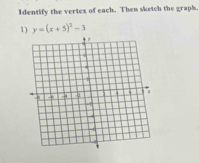 Identify the vertex of each. Then sketch the graph. 
1) y=(x+5)^2-3