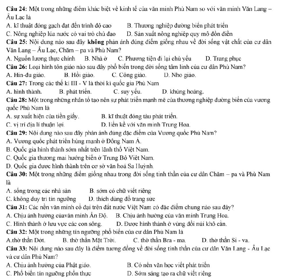 Một trong những điểm khác biệt về kinh tế của văn minh Phù Nam so với văn minh Văn Lang -
Âu Lạc là
A. kĩ thuật đóng gạch đạt đến trình độ cao B. Thương nghiệp đường biển phát triển
C. Nông nghiệp lúa nước có vai trò chủ đạo D. Sản xuất nông nghiệp quy mô đôn điền
Câu 25: Nội dung nào sau đây không phản ánh đúng điểm giống nhau về đời sống vật chất của cư dân
Văn Lang - Âu Lạc, Chăm - pa và Phù Nam?
A. Nguồn lương thực chính B. Nhà ở C. Phương tiện đi lại chủ yếu D. Trang phục
Câu 26: Loại hình tôn giáo nào sau đây phổ biến trong đời sống tâm linh của cư dân Phù Nam?
A. Hin-đu giáo. B. Hồi giáo. C. Công giáo. D. Nho giáo.
Câu 27: Trong các thế ki III - V là thời kì quốc gia Phù Nam
A. hình thành. B. phát triển. C. suy yếu. D. khủng hoảng.
Câu 28: Một trong những nhân tổ tạo nên sự phát triển mạnh mẽ của thương nghiệp dường biển của vương
quốc Phù Nam là
A. sự xuất hiện của tiền giấy. B. kĩ thuật đóng tàu phát triển.
C. vị trí địa lí thuận lợi. D. liền kề với văn minh Trung Hoa.
Câu 29: Nội dung nào sau đây phản ánh đúng đặc điểm của Vương quốc Phù Nam?
A. Vương quốc phát triển hùng mạnh ở Đông Nam Á.
B. Quốc gia hình thành sớm nhất trên lãnh thổ Việt Nam.
C. Quốc gia thương mai hướng biển ở Trung Bộ Việt Nam.
D. Quốc gia được hình thành trên cơ sở văn hoá Sa Huỳnh.
Câu 30: Một trong những điểm giống nhau trong đời sống tinh thần của cư dân Chăm - pa và Phù Nam
là
A. sống trong các nhà sàn B. sớm có chữ viết riêng
C. không duy trì tín ngưỡng D. thích dùng đồ trang sức
Câu 31: Các nền văn minh cổ đại trên đất nước Việt Nam có đặc điểm chung nào sau đây?
A. Chịu ảnh hưởng củavăn minh Ấn Độ. B. Chịu ảnh hưởng của văn minh Trung Hoa.
C. Hình thành ở lưu vực các con sông. D. Được hình thành ở vùng đồi núi khô cằn.
Câu 32: Một trong những tín ngưỡng phổ biến của cư dân Phù Nam là
A.thờ thần Dớt. B. thờ thần Mặt Trời. C. thờ thần Bra - ma. D. thờ thần Si - va.
Câu 33: Nội dung nào sau đây là điểm tương đồng về đời sống tinh thần của cư dân Văn Lang - Âu Lạc
và cư dân Phù Nam?
A. Chịu ảnh hưởng của Phật giáo. B. Có nên văn học viết phát triển
C. Phổ biến tín ngưỡng phồn thực D. Sớm sáng tạo ra chữ viết riêng