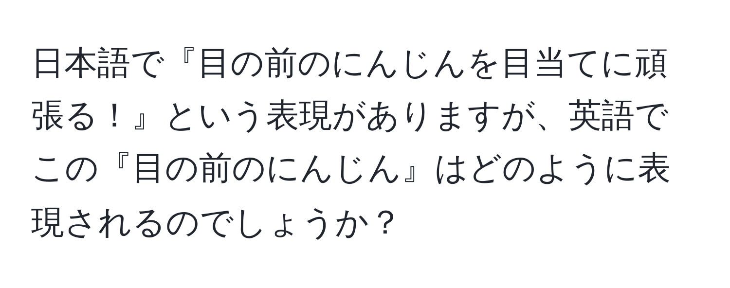 日本語で『目の前のにんじんを目当てに頑張る！』という表現がありますが、英語でこの『目の前のにんじん』はどのように表現されるのでしょうか？