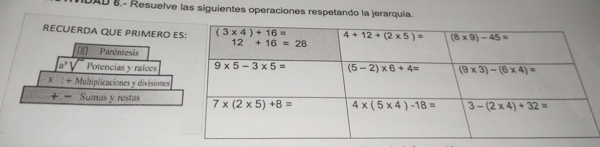 DAD 6.- Resuelve las siguientes operaciones respetando la jerarquía.
RECUERDA QUE PRIMERO E
on Paréntesis
a^b Potencias y raices
X : + Multiplicaciones y divisiones
+ Sumas y restas