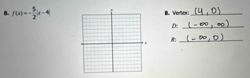 f(x)=- 5/2 |x-4| 8. Vertex:_ 
D:_ 
R:_