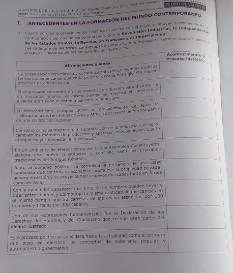 PEDRO DE VALDIVI 
CUADERNO DE EIFRCICIOS 3: Historia: Mundo, América y Chile, Historia universal. 
Desde revoluciones del siglo XVIIII a la actualidad. 
I. ANTECEDENTES EN LA FORMACIÓN DEL MUNDO CONTEMPORÁNEO 
1. Cuatro son los acontecimientos históricos que marcan el inicio e induyen fuertemente en 
confiouración del mundo contemporáneo. Son la Revolución Industrial, la Independencia 
de los Estados Unidos, la Revolución Francesa y el Imperialismo. 
as a continuación e indique al frente el acontecimiento 
i 
E 
q 
a