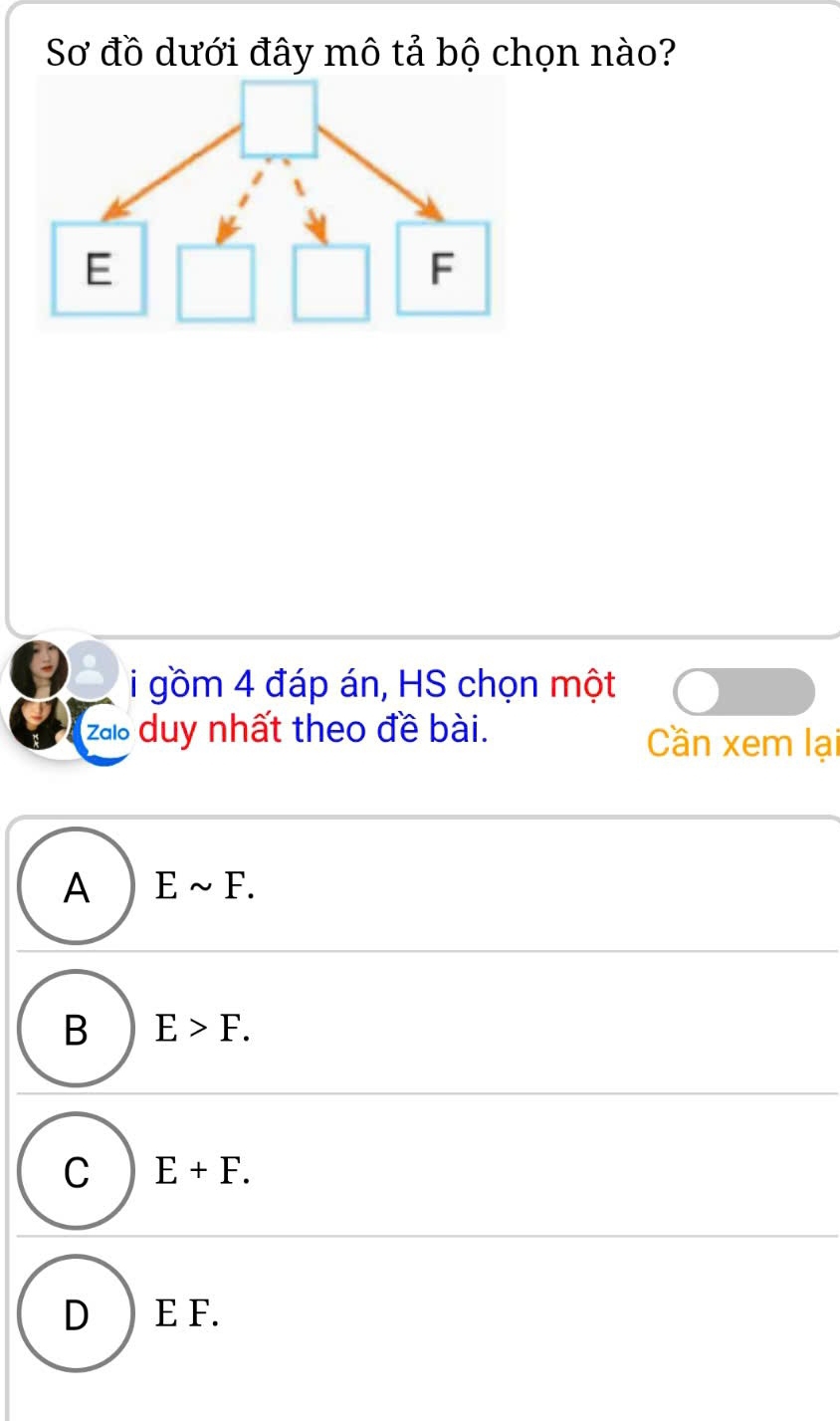 Sơ đồ dưới đây mô tả bộ chọn nào?
i gồm 4 đáp án, HS chọn một
za duy nhất theo đề bài. Cần xem lại
A Esim F.
B E>F.
C E+F.
D ) E F.