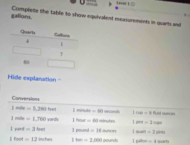 wr 
streak Level 1 1odot  
gallons. 
Complete the table to show equivalent measurements in quarts and 
Hide explanation 
Conversions
1mile=5,280 feet 1minute=60 seconds 1cup=8 fluid ounces
1mile=1,760 yards 1hour=60 minutes 1pint=2cups
1yard=3feet 1pound=16ounces 1quart =2pints
1foot=12inches 1ton=2,000pounds 1gallon =4 quarts