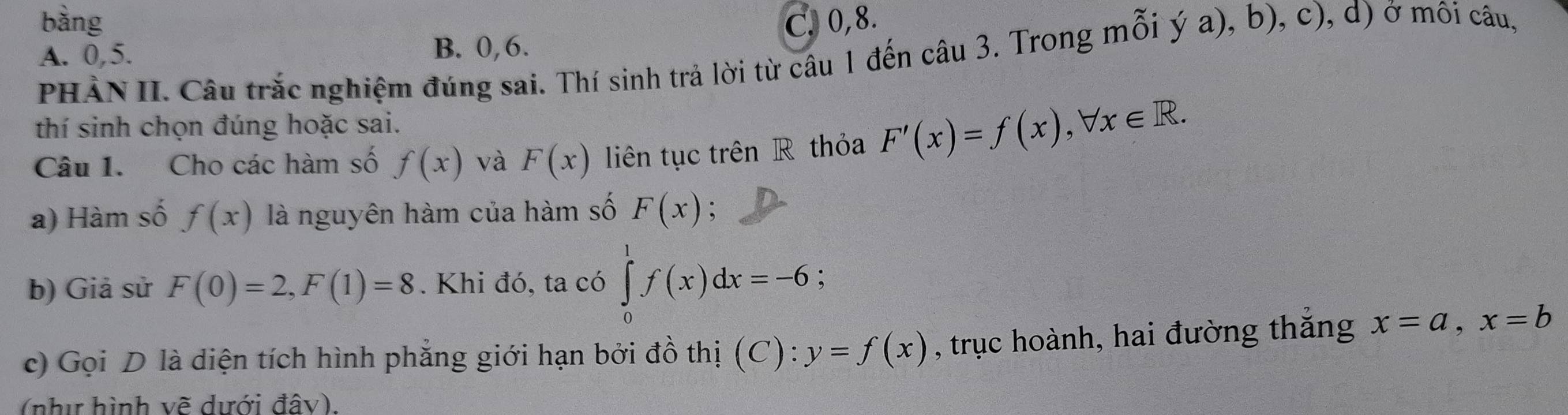 bàng C. 0, 8.
A. 0, 5.
B. 0, 6.
PHẢN II. Câu trắc nghiệm đúng sai. Thí sinh trả lời từ câu 1 đến câu 3. Trong mỗi ý a), b), c), d) ở môi câu,
thí sinh chọn đúng hoặc sai.
Câu 1. Cho các hàm số f(x) và F(x) liên tục trên R thỏa F'(x)=f(x), forall x∈ R. 
a) Hàm số f(x) là nguyên hàm của hàm số F(x) :
b) Giả sử F(0)=2, F(1)=8. Khi đó, ta có ∈tlimits _0^1f(x)dx=-6;
c) Gọi D là diện tích hình phẳng giới hạn bởi đồ thị (C): y=f(x) , trục hoành, hai đường thăng x=a, x=b
(như hình vẽ dưới đây).