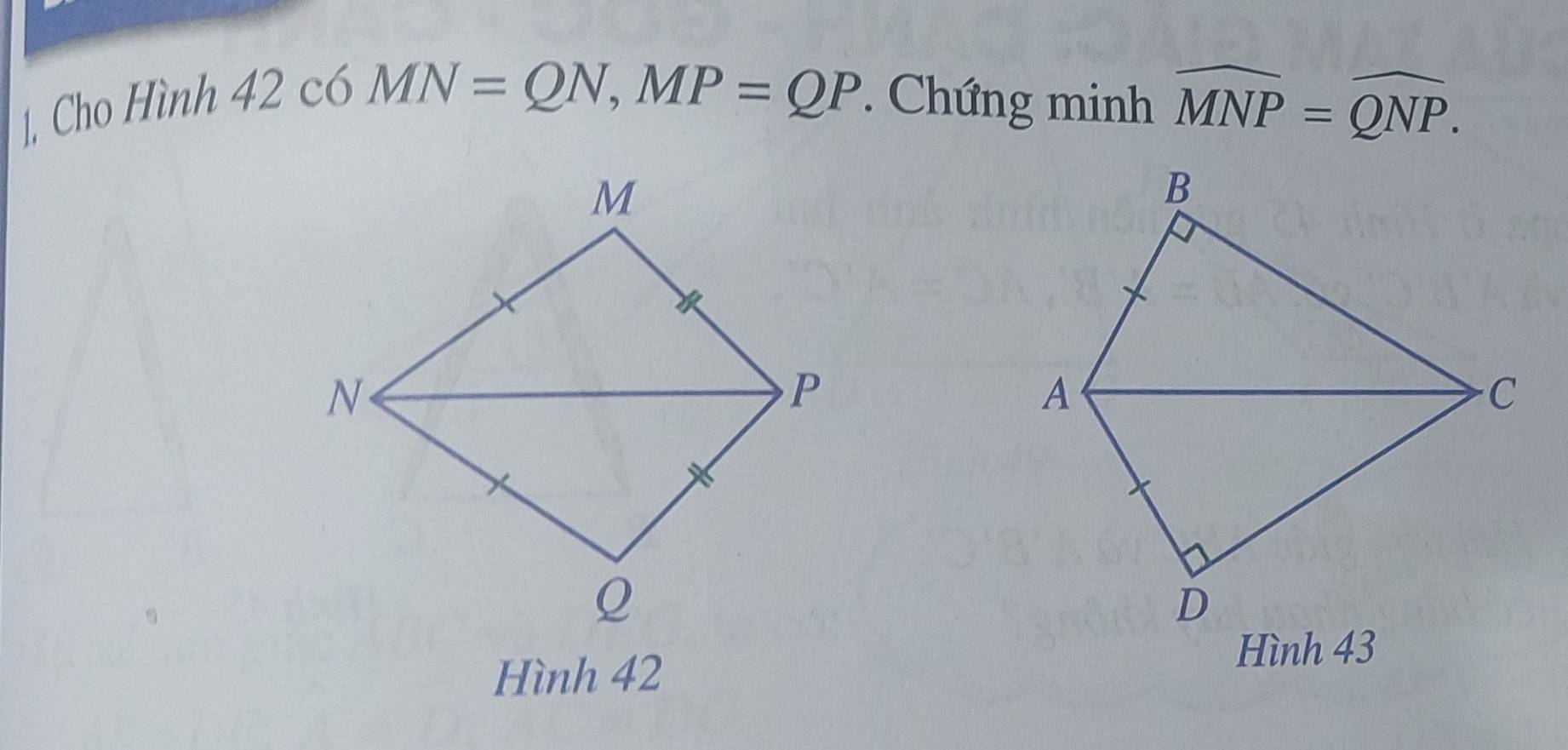 42c6MN=QN, MP=QP
J, Cho Hình * Chứng minh widehat MNP=widehat QNP. 
Hình 42 
Hình 43