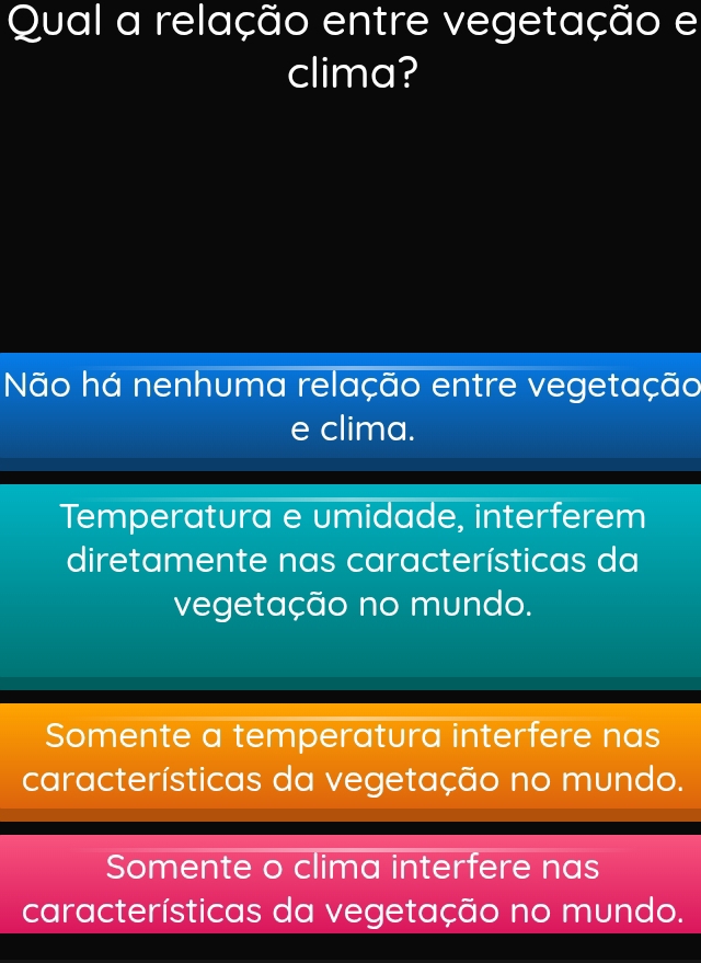 Qual a relação entre vegetação e
clima?
Não há nenhuma relação entre vegetação
e clima.
Temperatura e umidade, interferem
diretamente nas características da
vegetação no mundo.
Somente a temperatura interfere nas
características da vegetação no mundo.
Somente o clima interfere nas
características da vegetação no mundo.