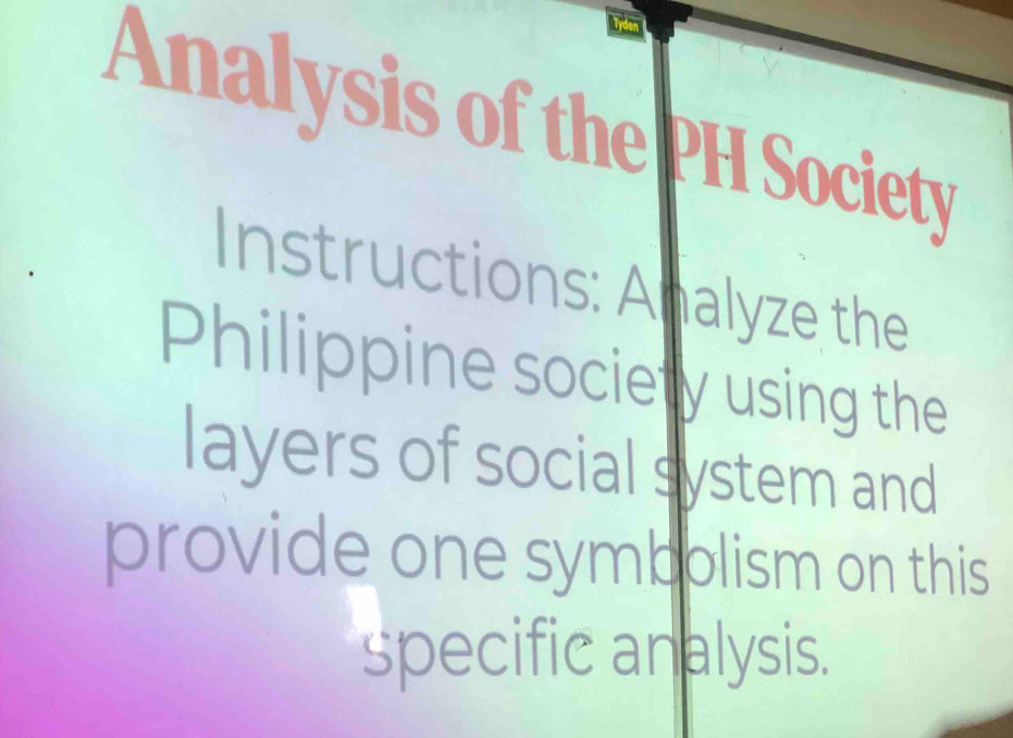 Tyden 
Analysis of the PH Society 
Instructions: Analyze the 
Philippine society using the 
layers of social system and 
provide one symbolism on this 
specific analysis.