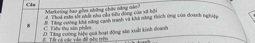 Câu
Marketing bao gồm những chức năng nào?
A. Thoả mãn tốt nhất nhu cầu tiêu dùng của xã hội
B. Tăng cường khả năng cạnh tranh và khả năng thích ứng của doanh nghiệp
8 C. Tiêu thụ sản phẩm
D. Tăng cường hiệu quả hoạt động sản xuất kinh doanh
E. Tất cả các vấn đề nêu trên
_ n h