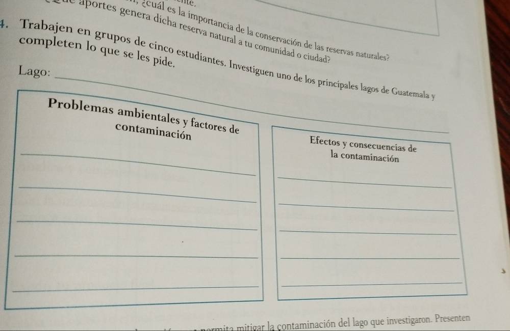 ente. 
ecual es la importancia de la conservación de las reservas naturales 
d e aportes genera dicha reserva natural a tu comunidad o ciudad 
completen lo que se les pide. 
Trabajen en grupos de cinco estudiantes. Investiguen uno de los princípales lagos de Guatemala e 
Lago: 
Problemas ambientales y factores de 
contaminación 
_ 
Efectos y consecuencias de 
la contaminación 
_ 
_ 
_ 
_ 
_ 
_ 
_ 
_ 
_ 
ta miticar la contaminación del lago que investigaron. Presenten