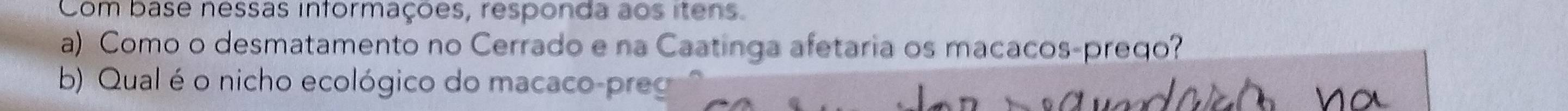 Com base nessas informações, responda aos itens. 
a) Como o desmatamento no Cerrado e na Caatinga afetaria os macacos-preço? 
b) Qual é o nicho ecológico do macaco-preg