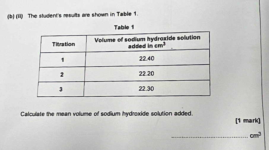 (ii) The student's results are shown in Table 1.
Table 1
Calculate the mean volume of sodium hydroxide solution added.
[1 mark)
_ cm^3