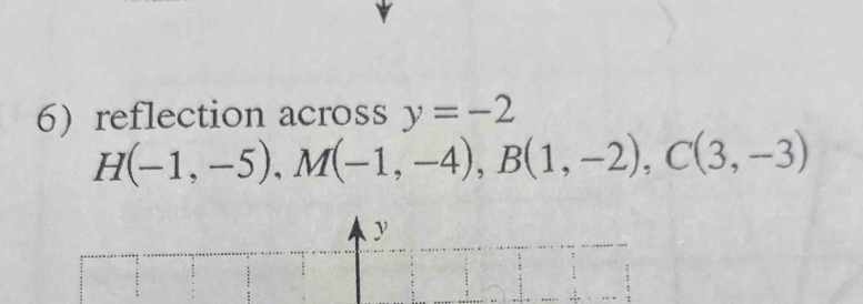 6reflection across y=-2
H(-1,-5), M(-1,-4), B(1,-2), C(3,-3)
y