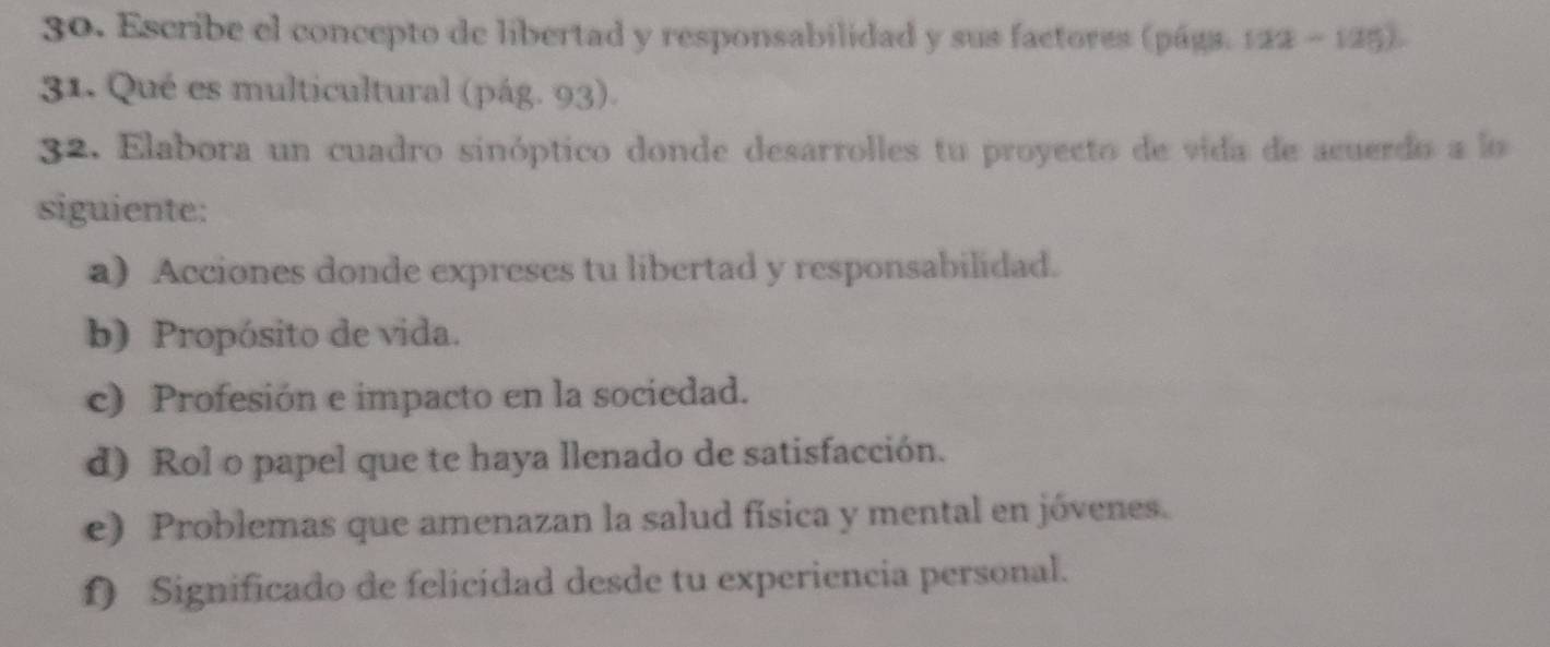 Escribe el concepto de libertad y responsabilidad y sus factores (págs. 122-125)
31. Qué es multicultural (pág. 93). 
32. Elabora un cuadro sinóptico donde desarrolles tu proyecto de vida de acuerdo a lo 
siguiente: 
a) Acciones donde expreses tu libertad y responsabilidad. 
b) Propósito de vida. 
c) Profesión e impacto en la sociedad. 
d) Rol o papel que te haya llenado de satisfacción. 
e) Problemas que amenazan la salud física y mental en jóvenes. 
f) Significado de felicidad desde tu experiencia personal.