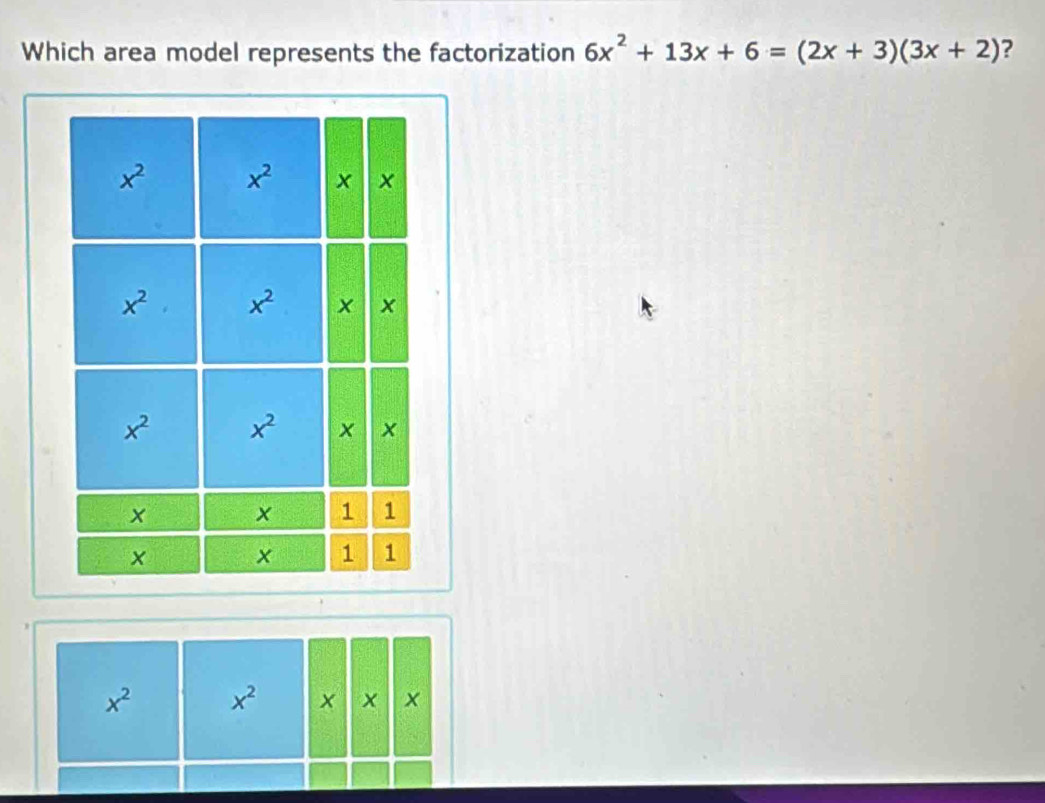 Which area model represents the factorization 6x^2+13x+6=(2x+3)(3x+2) ?
x^2 x^2 x