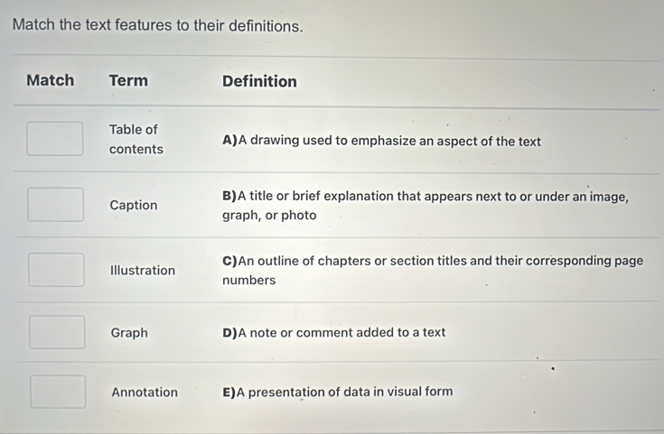 Solved: Match the text features to their definitions. Match Term ...