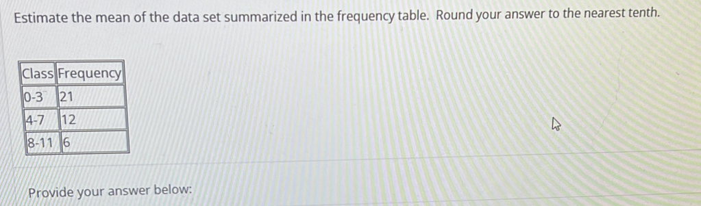 Estimate the mean of the data set summarized in the frequency table. Round your answer to the nearest tenth. 
Provide your answer below: