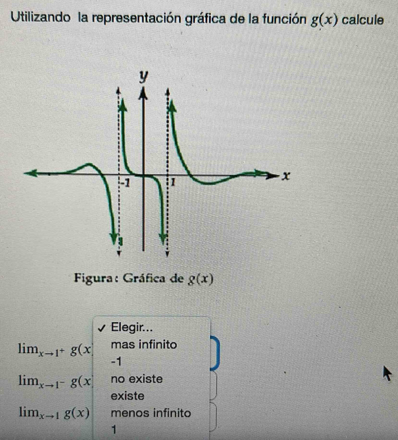 Utilizando la representación gráfica de la función g(x) calcule
Figura: Gráfica de g(x)
Elegir...
lim_xto 1^+g(x) mas infinito
-1
lim_xto 1^-g(x no existe
existe
lim_xto 1g(x) menos infinito
1