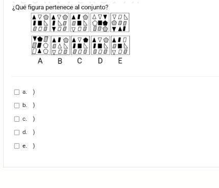 ¿Qué figura pertenece al conjunto?
A B C D E
a. )
b. )
c. )
d. )
e. )