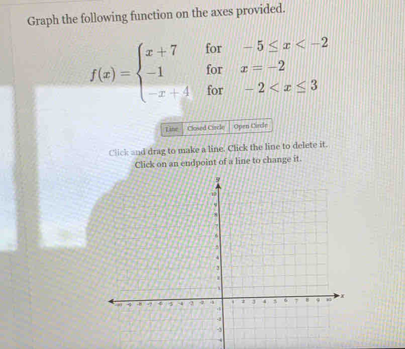 Graph the following function on the axes provided.
f(x)=beginarrayl x+7for-5≤ x
Line Closed Circle Open Circle 
Click and drag to make a line. Click the line to delete it. 
Click on an endpoint of a line to change it.
-4