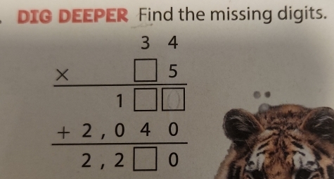 DIG DEEPER Find the missing digits.
beginarrayr 3.4 * □ 5 hline endarray + +2.040 hline 2.2□ 0endarray 