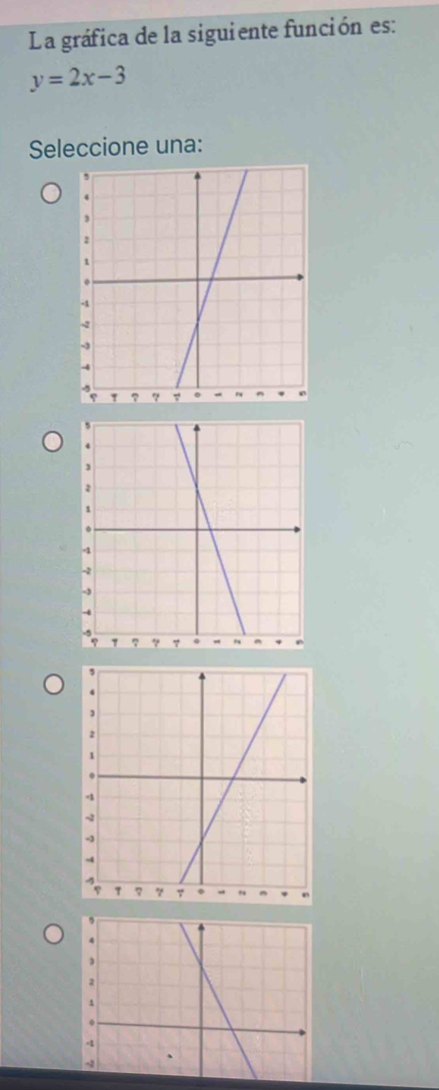 La gráfica de la siguiente función es:
y=2x-3
Seleccione una: