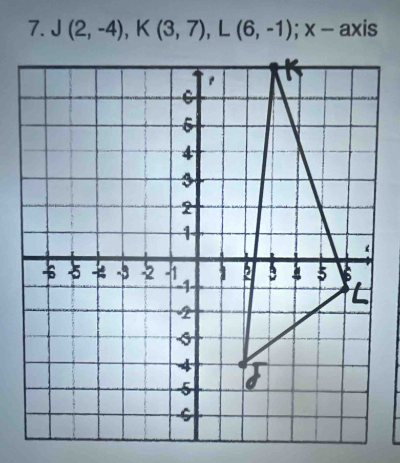 J (2,-4), K(3,7), L(6,-1); x-axis