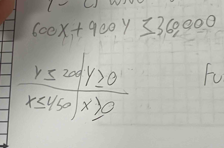 600x+900y≤ 360,000
y≤ 200 y≥ 0
Fo
x≤ 450 x>0