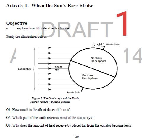 Activity 1. When the Sun’s Rays Strike 
Objective 
explain how latitude affects climate. I 

Study the illustration below.
23.5° North Pale 
Hemisphere Norther
14
direct 
Sun's rays ray 
Southern 
Hemisphere 
South Pole 
Figuro 1 The Sun's rays and the Earth 
Source: Grade 7 Science Module 
Q1. How much is the tilt of the earth’s axis? 
Q2. Which part of the earth receives most of the sun’s rays? 
Q3. Why does the amount of heat receive by places far from the equator become less? 
30