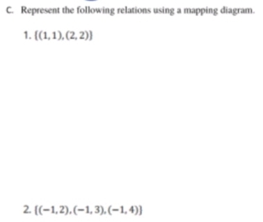 Represent the following relations using a mapping diagram. 
1.  (1,1),(2,2)
2. [(-1,2),(-1,3),(-1,4)]