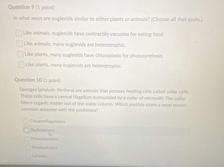 In what ways are euglenids similar to either plants or animals? (Choose all that apply.)
Like animals, euglenids have contractile vacuoles for eating food.
Like animals, many euglenids are heterotrophic.
Like plants, many euglenids have chloroplasts for photosynthesis.
Like plants, many euglenids are heterotrophic.
Question 10 (1 point)
Sponges (phylum: Porifera) are animals that possess feeding cells called collar cells.
These cells have a central flagellum surrounded by a collar of microvilli. The collar
filters organic matter out of the water column. Which protists share a most recent
common ancestor with the poriferans?
Choanoflagellates
Radiolarians
Myxomycetes
Rhodophytes
Ciliates