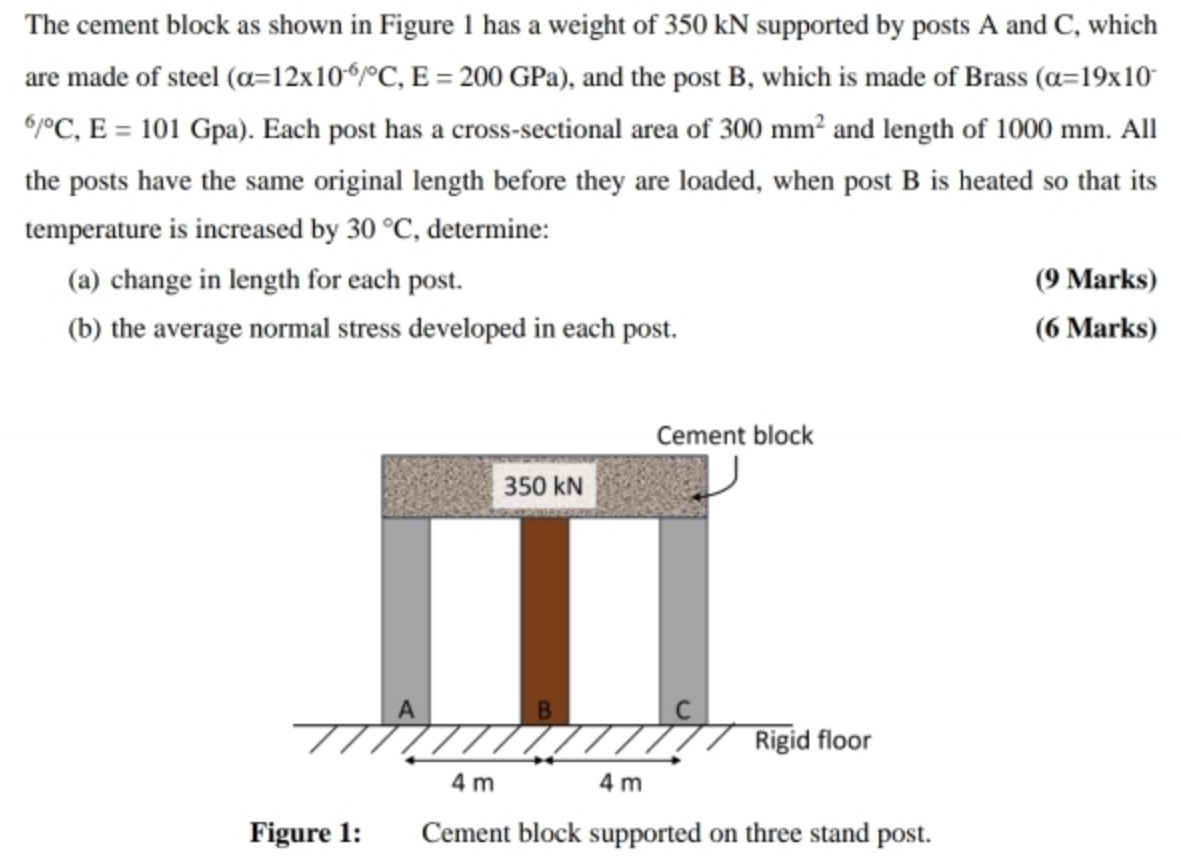 The cement block as shown in Figure 1 has a weight of 350 kN supported by posts A and C, which 
are made of steel (alpha =12* 10^(-6)/^circ C, E=200GPa) , and the post B, which is made of Brass (alpha =19* 10^(-^^6)C, E=101 Gpa). Each post has a cross-sectional area of 300mm^2 and length of 1000 mm. All 
the posts have the same original length before they are loaded, when post B is heated so that its 
temperature is increased by 30°C , determine: 
(a) change in length for each post. (9 Marks) 
(b) the average normal stress developed in each post. (6 Marks) 
Figure 1: Cement block supported on three stand post.