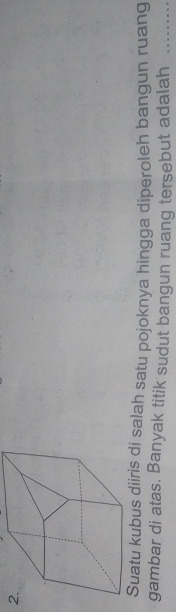 salah satu pojoknya hingga diperoleh bangun ruang 
gambar di atas. Banyak titik sudut bangun ruang tersebut adalah