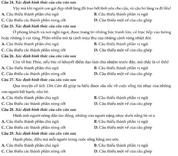 Xác định hình thức của câu văn sau
Vậy mà khi người con gái đẹp nhất làng đã trao hết tình yêu cho cậu, rú cậu bỏ làng ra đi liều!
A. Câu thiếu thành phần chủ ngữ B. Câu thiếu thành phần vị ngữ
C. Câu thiếu các thành phần nòng cốt D. Câu thiếu một vế của câu ghép
Câu 25. Xác định hình thức của câu văn sau
Ở phòng khách và nơi nghi ngơi, được trang trí những bức tranh lớn, vẽ trực tiếp vào tường
hoặc nhũng ô vải rộng. Phần nhiều mô tả cảnh mùa thu của nhũng cánh rùng nhiệt đới.
A. Câu thiếu thành phần chủ ngữ B. Câu thiếu thành phần vị ngữ
C. Câu thiếu các thành phần nòng cốt D. Câu thiếu một vế của câu ghép
Câu 26. Xác dịnh hình thức của câu văn sau
Còn về bác Phúc, nếu bác có khuyết điểm dạo làm chủ nhiệm trước đây, mà chắc là có thôi!
A. Câu thiếu thành phần chủ ngữ B. Câu thiếu thành phần vị ngữ
C. Câu thiếu các thành phần nòng cốt D. Câu thiếu một vế của câu ghép
Câu 27, Xác định hình thức của câu văn sau
Qua truyện cổ tích Tấm Cám đã giúp ta hiểu được sâu sắc về cuộc sống tủi nhục của những
con người bất hạnh, nhỏ bé.
A. Câu thiếu thành phần chủ ngữ B. Câu thiếu thành phần vị ngữ
C. Câu thiếu các thành phần nòng cốt D. Câu thiếu một vế của câu ghép
Câu 28. Xác định hình thức của câu văn sau
Hình ảnh người nông dân lao động, những con người nặng nhọc dưới nắng hè oi á.
A. Câu thiếu thành phần chủ ngữ B. Câu thiếu thành phần vị ngữ
C. Câu thiếu các thành phần nòng cốt D. Câu thiếu một vế của câu ghép
Câu 29. Xác định hình thức của câu văn sau
Hạnh phúc, điều mà mỗi người trong cuộc sống hằng mơ ước.
A. Câu thiếu thành phần chú ngữ B. Câu thiếu thành phần vị ngữ
C. Câu thiếu các thành phần nòng cốt D. Câu thiếu một vế của câu ghép